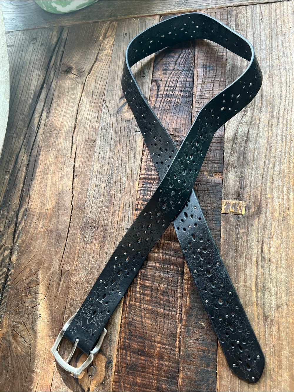 Black Leather tooled Belt with Silver Buckle
